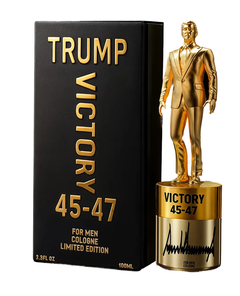 Black and gold box with Trump Victory 45-47 for men cologne limited edition next to a gold cologne bottle topped with a gold suit-clad male figurine.