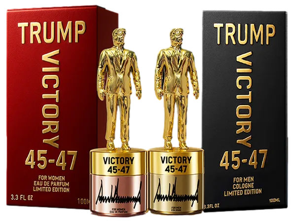 Limited edition Trump Victory 45-47 fragrance bottles, one for women with red packaging and one for men with black packaging, each featuring a gold statuette cap.