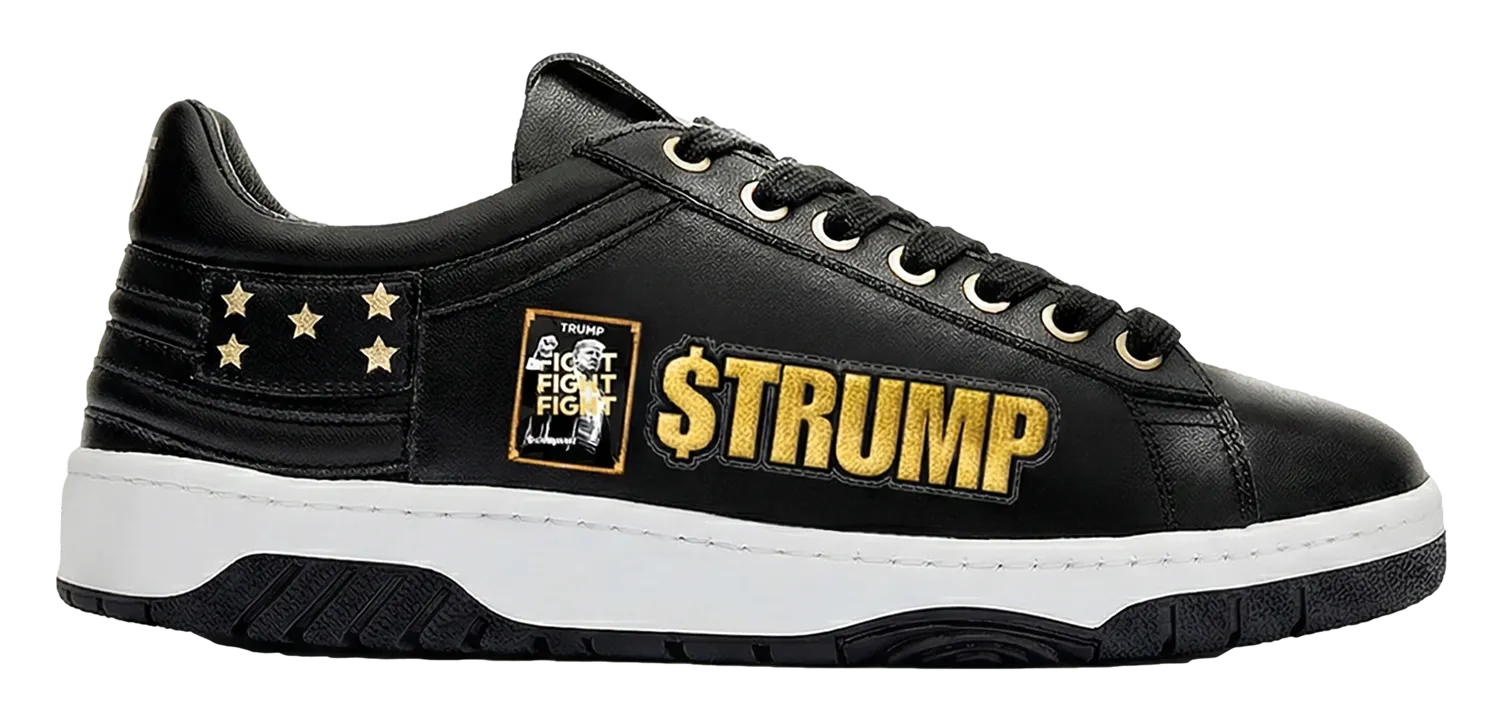 Black low-top sneaker with white sole featuring gold embroidery of five stars on the heel, a patch with a figure and text 'Trump Fight Fight Fight', and a large gold '$TRUMP' text on the side.
