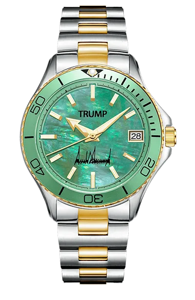 Silver and gold wristwatch with mint green face, gold hour markers, date display, and 'TRUMP' branding with signature.