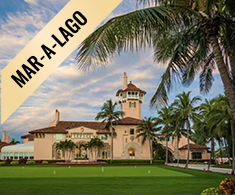 Exterior view of Mar-a-Lago estate with palm trees and a manicured lawn under a partly cloudy sky.